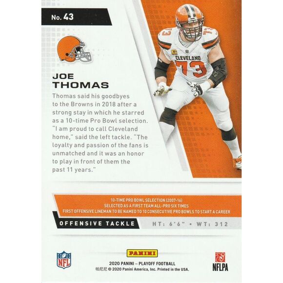 2020 Panini Playoff Football Card #43 Joe Thomas - Picture 2 of 2